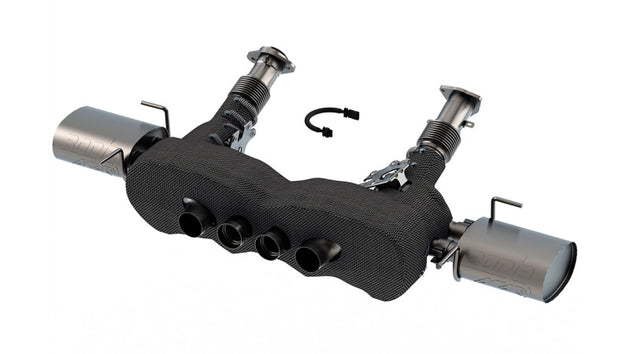 Borla catback exhaust system for Chevrolet Corvette C8 Z06 5.5L V8, featuring 3-inch ATAK mufflers and reused OE tips.