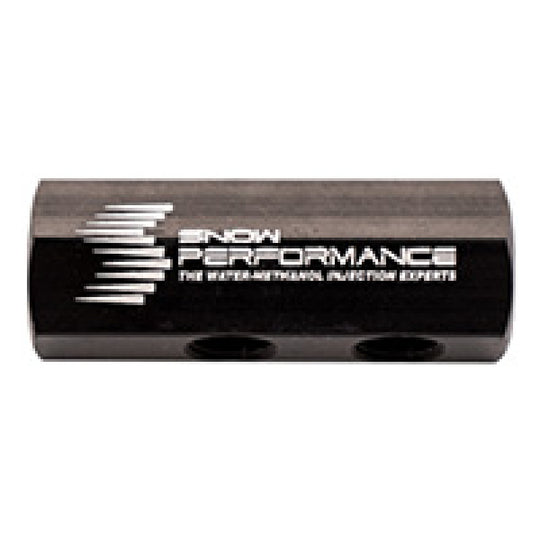 Snow Performance 4 Cylinder Water Methanol Distribution Block for direct port water meth components, shown with fittings and mounting details.