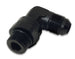 Vibrant black anodized -10AN male flare to -8 ORB swivel 90-degree fitting for automotive or racing applications.