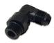 Vibrant black anodized -10AN male flare to -8 ORB swivel 90-degree fitting for automotive or racing applications.