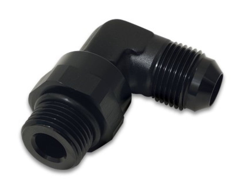 Vibrant black anodized -10AN male flare to -8 ORB swivel 90-degree fitting for automotive or racing applications.