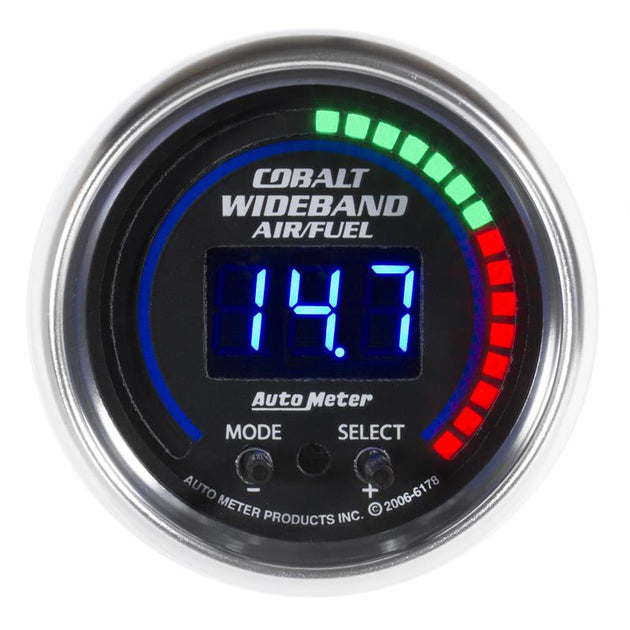 AutoMeter Autometer Cobalt 52mm Air/Fuel Ratio Pro Plus digital gauge with peak and warning indicators, mounted in a vehicle dashboard.