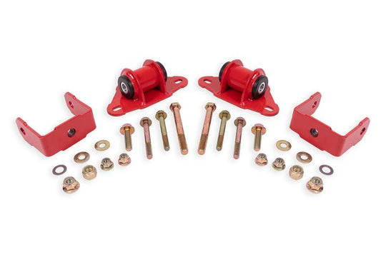 Red BMR Chevrolet Corvette transmission and differential mount with bushings, designed for 2014-2019 model years, mounted on a vehicle.