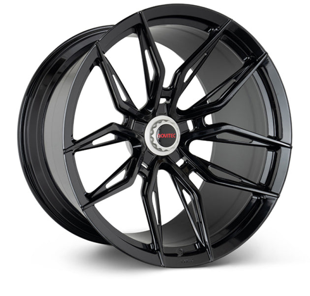 Vossen x Novitec NF11 22x12 inch forged gloss black Ferrari 12C rear wheel with 5x114.3 bolt pattern and ET52 offset.