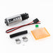 DeatschWerks 340lph DW300C compact fuel pump with universal install kit and mounting clips, shown installed in a vehicle.
