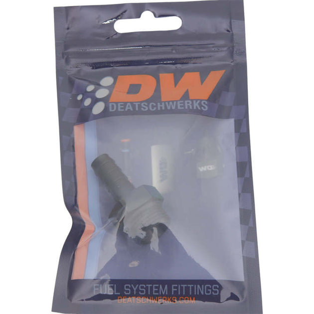 DeatschWerks matte black 8AN ORB male to 3/8 inch male triple barb fitting with O-ring for fuel or oil lines.