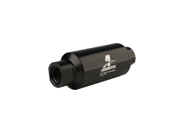 Aeromotive black AN-10 inline fuel filter with 10-micron filtration for automotive fuel systems.