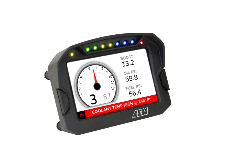AEM CD-5LG Carbon logging digital dash display with internal 10Hz GPS and antenna, showing gauges and digital readouts.