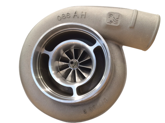 BorgWarner S400SX T6 turbine housing with 1.15 A/R and 96mm inlet, showcasing the cast metal construction and precise mounting flange.