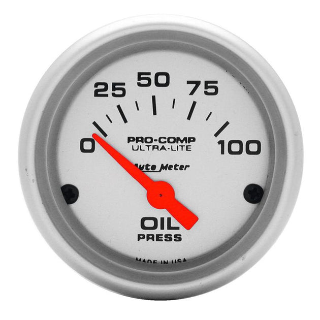 AutoMeter Ultra-Lite 52mm electronic oil pressure gauge showing a dial from 0 to 100 PSI with digital display and black bezel.