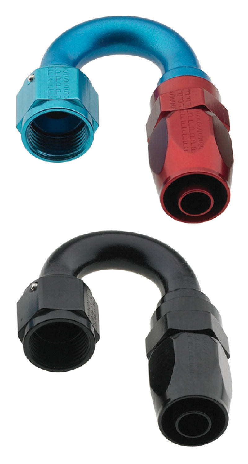 Fragola -6AN black 180-degree Pro-Flow hose end fitting showing detailed metal construction and angled design for automotive use.