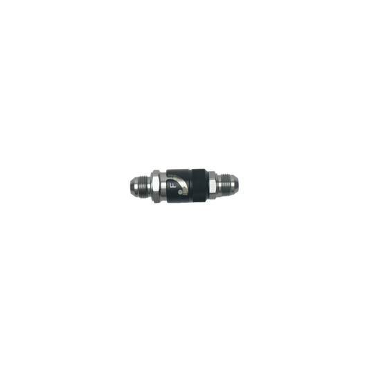 DeatschWerks 8AN male flare quick disconnect dry break fitting in matte black, two-piece anodized fitting for fuel lines