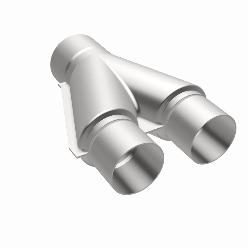 MagnaFlow Y Pipe in aluminum with smooth transition, 2.5/3 inch inlet and 10-inch length, for automotive exhaust systems.
