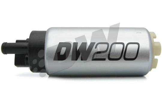 DeatschWerks 255 LPH DW200 Series in-tank fuel pump installed in a vehicle's fuel tank with wiring and connectors visible.