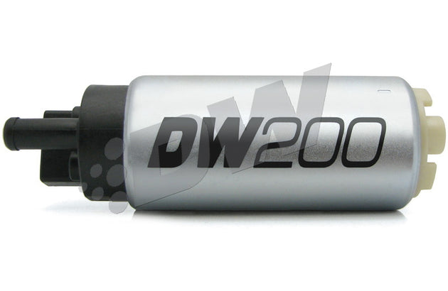 DeatschWerks 255 LPH DW200 Series in-tank fuel pump installed in a vehicle's fuel tank with wiring and connectors visible.