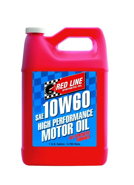 Red Line 10W60 motor oil gallon container with label, high-performance motor oil for automotive engines.