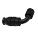 DeatschWerks 6AN female swivel 90-degree hose end fitting with PTFE interior and matte black anodized finish.