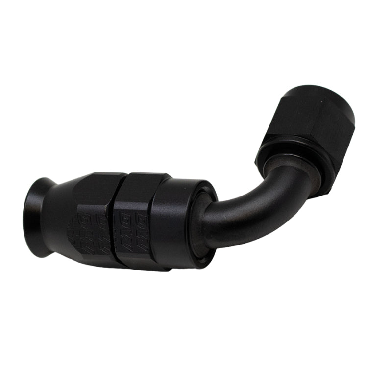 DeatschWerks 6AN female swivel 90-degree hose end fitting with PTFE interior and matte black anodized finish.