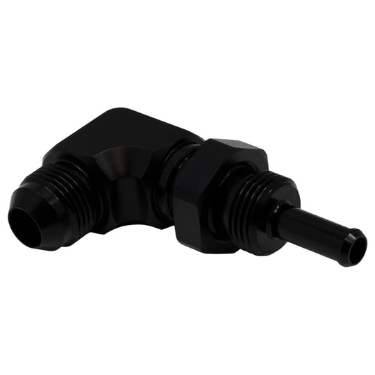 DeatschWerks 8AN male flare to 5/16 inch male barb bulkhead fitting, 90-degree, anodized matte black for fuel or fluid systems.