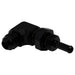 DeatschWerks 8AN male flare to 5/16 inch male barb bulkhead fitting, 90-degree, anodized matte black for fuel or fluid systems.