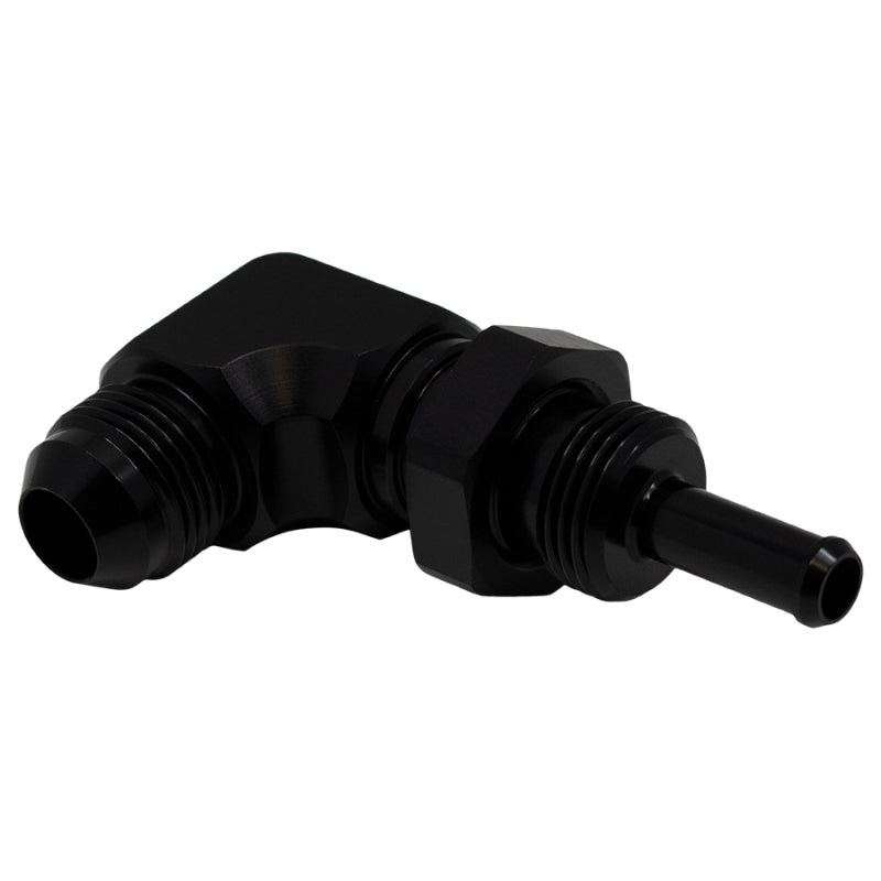 DeatschWerks 8AN male flare to 5/16 inch male barb bulkhead fitting, 90-degree, anodized matte black for fuel or fluid systems.