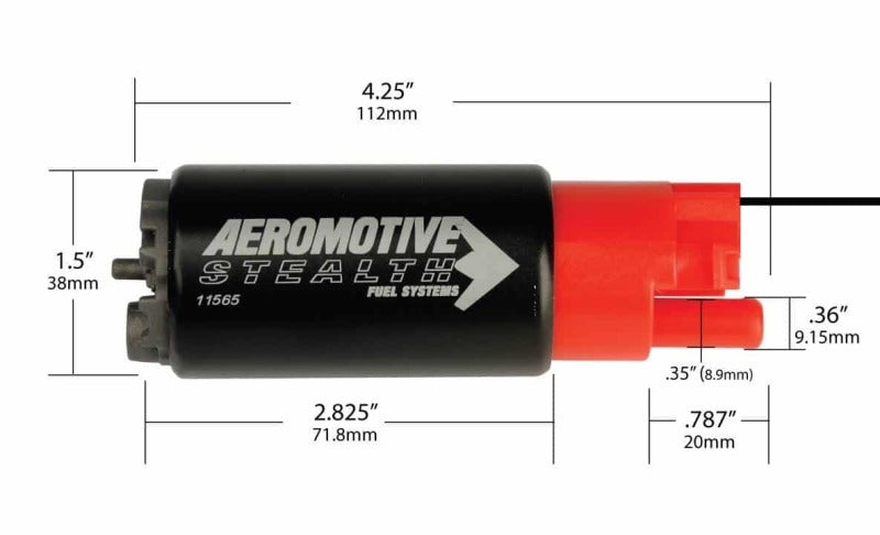 Aeromotive 325 Series Stealth in-tank fuel pump with compact 38mm body, E85 compatible, shown installed in a vehicle.