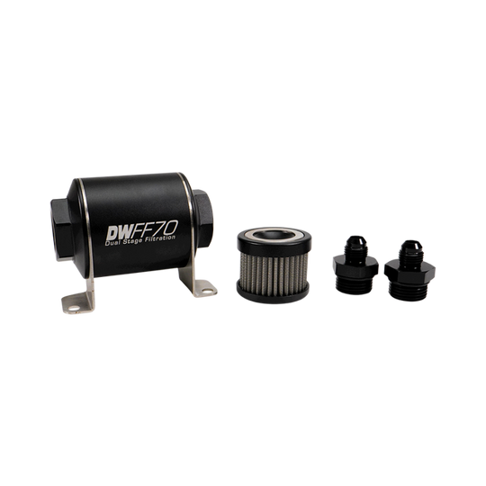 DeatschWerks stainless steel 6AN inline fuel filter housing kit with 100 micron filter, 70mm length, for automotive fuel filtration.