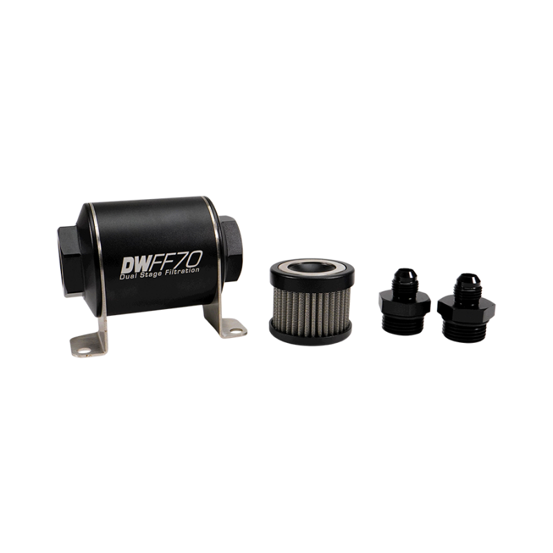 DeatschWerks stainless steel 6AN inline fuel filter housing kit with 10-micron filter for universal use, 70mm size.