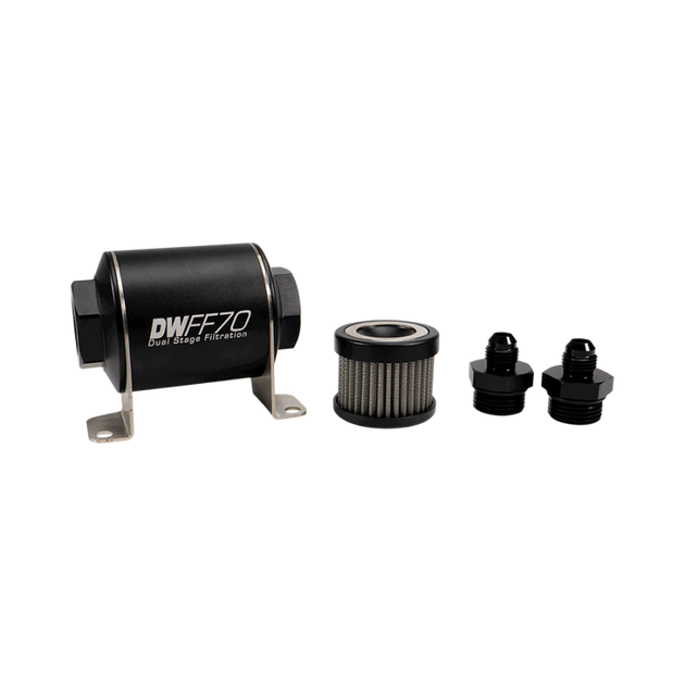 DeatschWerks stainless steel 6AN inline fuel filter housing kit with 10-micron filter for universal use, 70mm size.