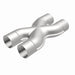 MagnaFlow Smooth Trans X 2.5/2.5 X 12 stainless steel X pipe for exhaust systems, showing the polished metal surface and pipe ends.