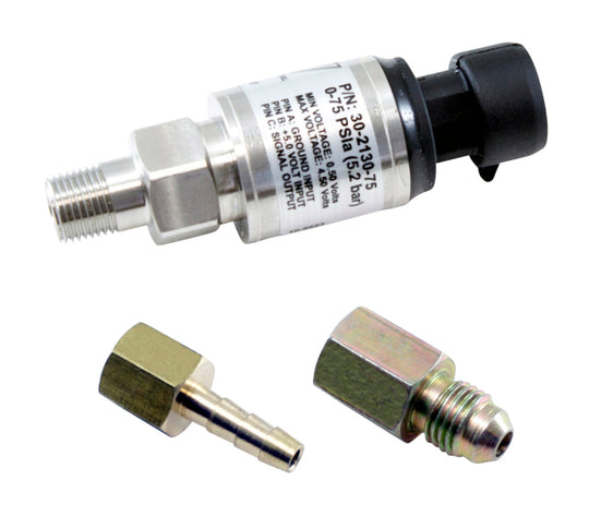 AEM 5 Bar MAP sensor kit with stainless steel gauge, showing pressure readings and sensor components in a detailed view.
