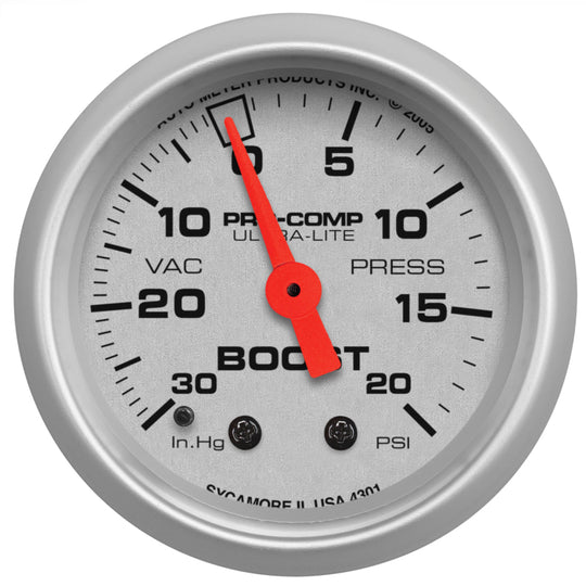 AutoMeter Ultra-Lite 52mm mechanical boost gauge with 20 PSI display, featuring a black face and chrome bezel for automotive use.