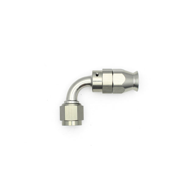DeatschWerks 6AN female swivel 90-degree hose end fitting with PTFE and olive insert, suitable for high-performance fuel or oil lines.