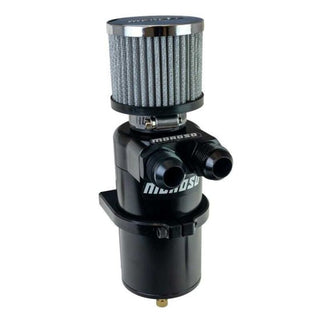 Black Moroso Dual Inlet -12AN Billet Oil Catch Can with breather tank, designed for automotive engine ventilation systems.