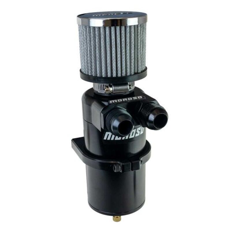 Moroso black dual inlet -12AN billet oil catch can with breather tank for vehicle engine ventilation.