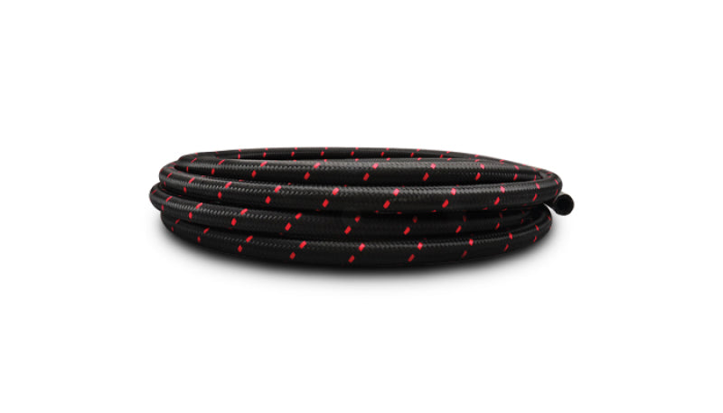 Vibrant four AN two-tone black and red nylon braided flex hose, 10-foot length, durable automotive fluid transfer hose.