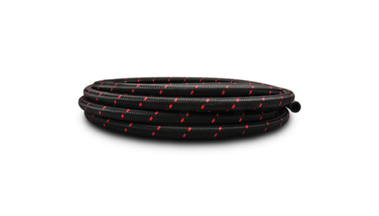 Vibrant -6 AN two-tone black and red nylon braided flex hose, 5-foot roll, durable automotive fluid transfer hose.