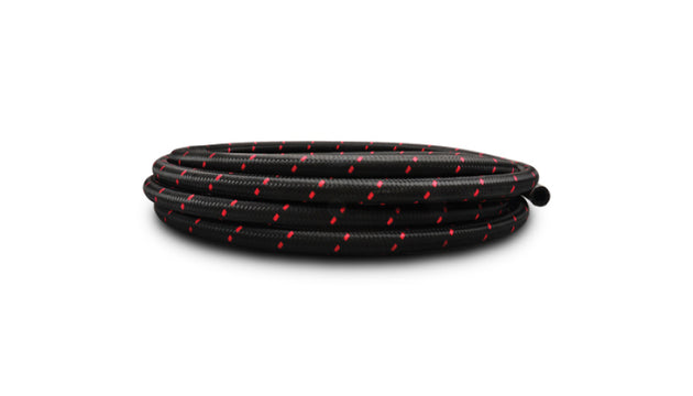 Vibrant -8 AN two-tone black and red nylon braided flex hose, 10-foot roll, durable automotive fluid transfer hose.
