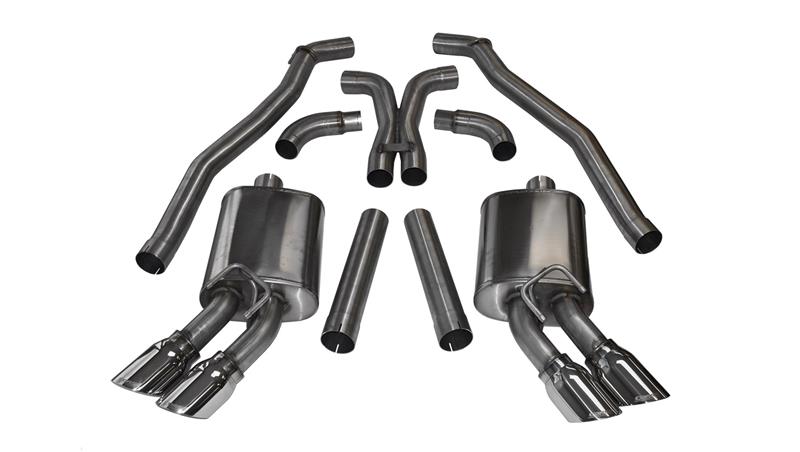 Polished CORSA Performance catback exhaust system on a 2012-2015 Chevrolet Camaro ZL1 coupe with 6.2L V8 engine.