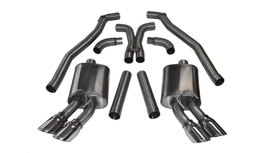 Polished CORSA Performance catback exhaust system on a 2012-2015 Chevrolet Camaro ZL1 coupe with 6.2L V8 engine.