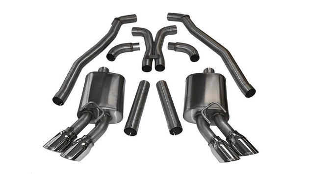 Polished CORSA Performance catback exhaust system on a 2012-2015 Chevrolet Camaro ZL1 coupe with 6.2L V8 engine.