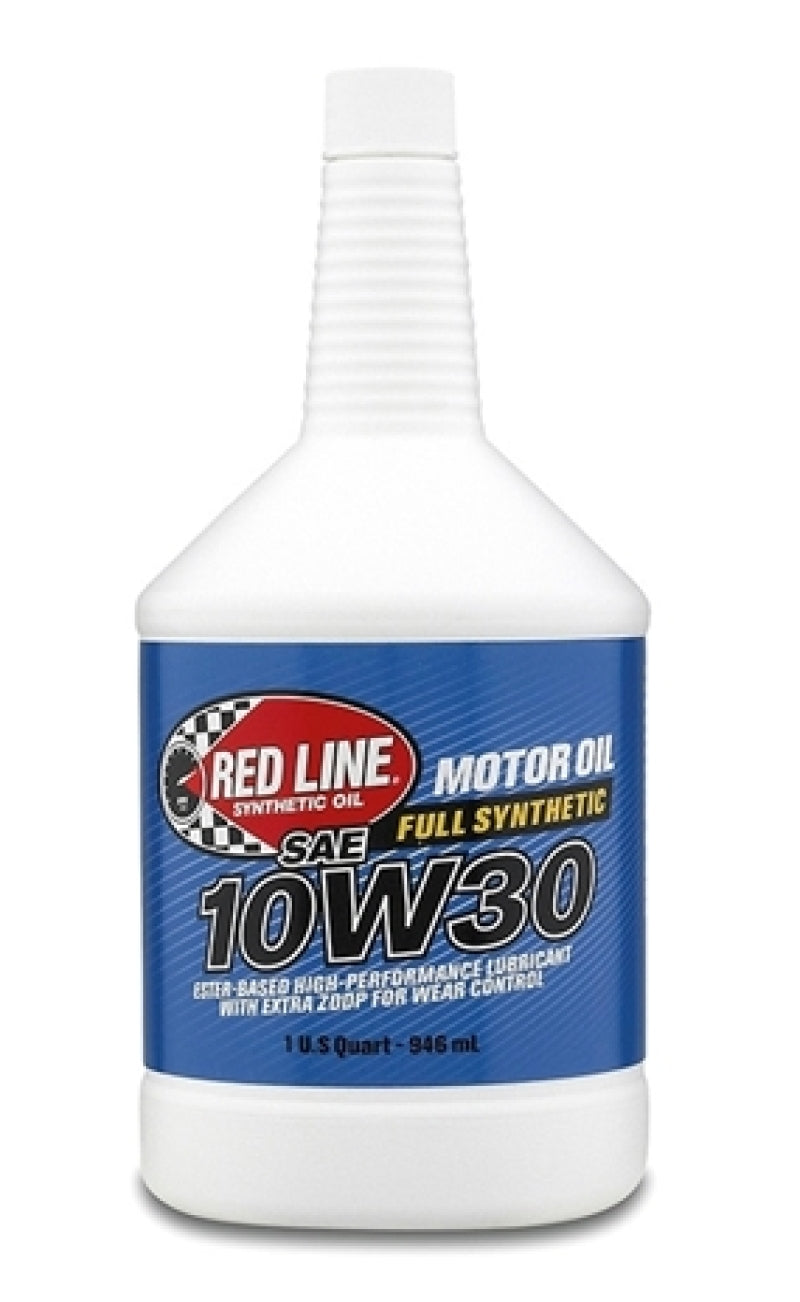 Red Line 10W30 motor oil quart container, high-performance automotive engine oil with red and black branding.