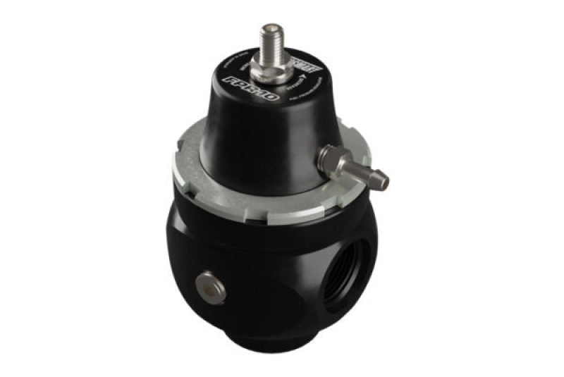 Turbosmart FPR10 fuel pressure regulator in black with -10AN fittings, designed for precise fuel system regulation.