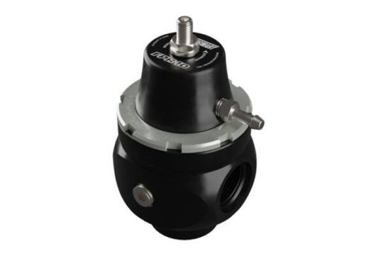 Turbosmart FPR10 fuel pressure regulator in black with -10AN fittings, designed for precise fuel system regulation.
