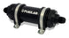 Fuelab 828 in-line fuel filter with black fiberglass body, -6AN inlet/outlet, 6-micron filtration for automotive fuel systems.