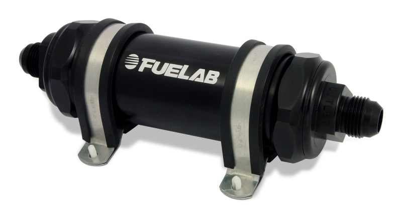 Fuelab 828 in-line fuel filter with black fiberglass body, -6AN inlet/outlet, 6-micron filtration for automotive fuel systems.