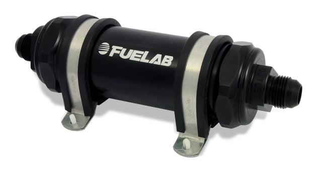 Fuelab 828 In-Line Fuel Filter with -6AN fittings, 40 micron stainless steel mesh, black finish, for automotive fuel systems.