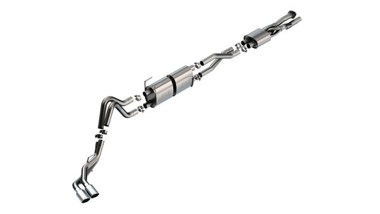 Borla catback exhaust system for 20-26 Ford F250/F350 Super Duty 7.3L V8, showing polished stainless steel pipes and muffler components.
