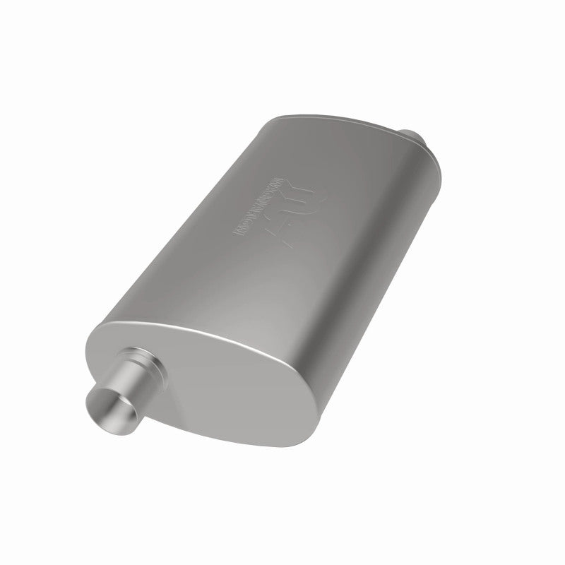 MagnaFlow Mag SS muffler with 22x5x11 inch dimensions and 3x3 inlet/outlet, showing the stainless steel construction and inlet pipes.
