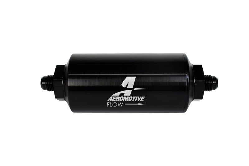 Aeromotive In-Line Fuel Filter with AN-6 Male fittings, 40 Micron stainless steel mesh element and bright dip black finish